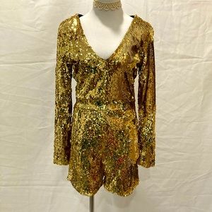 Gold sequined long sleeve romper size M